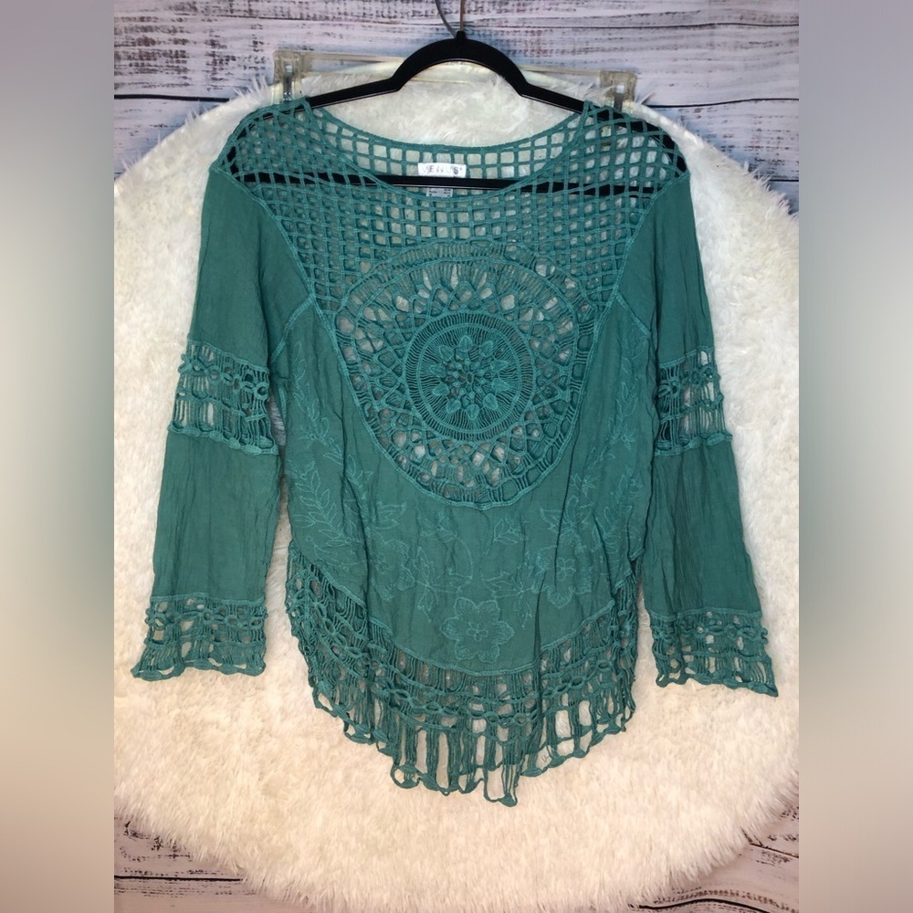 VENUS Teal Asymmetrical Crochet Coverup NWOT XS - Picture 2 of 10